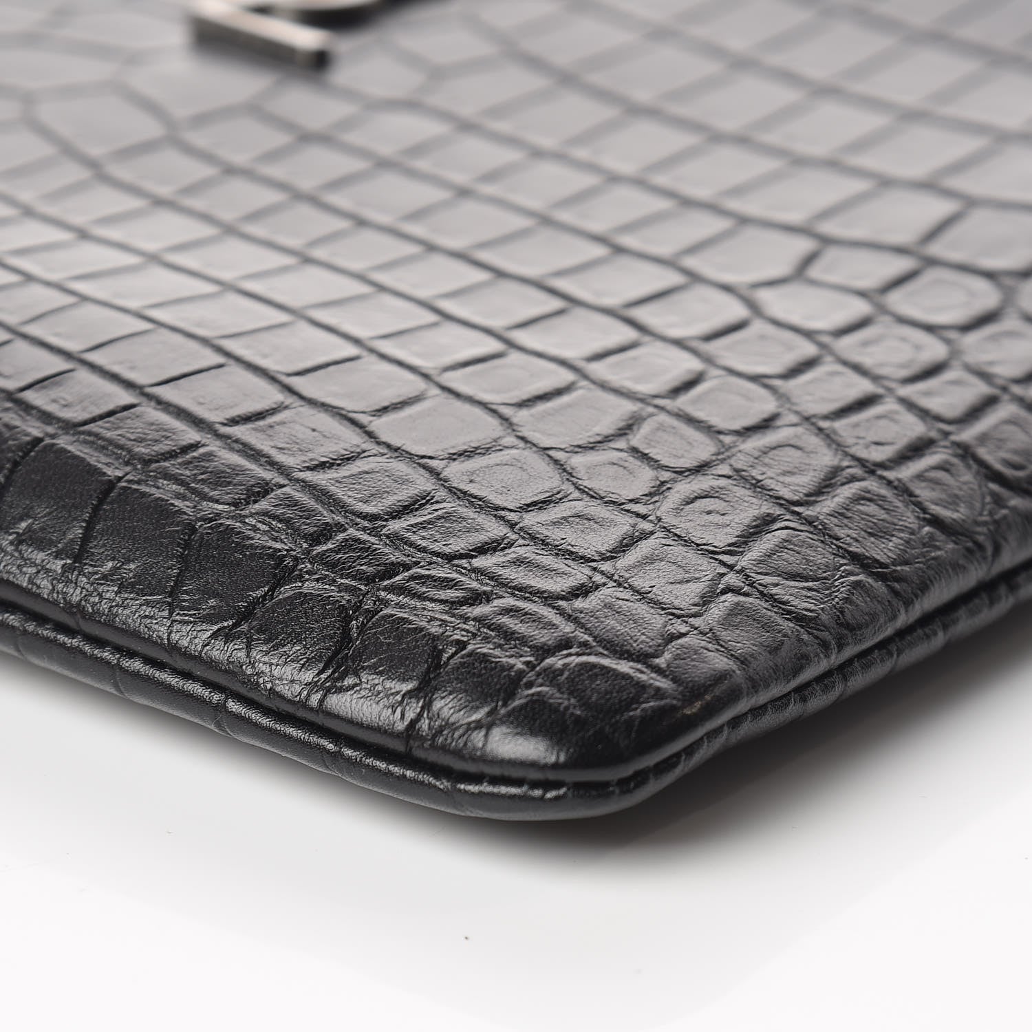 Saint Laurent Calfskin Crocodile Embossed Monogram Zip Pouch Black 10 of 10