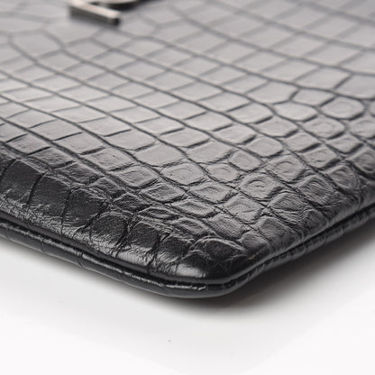 Saint Laurent Calfskin Crocodile Embossed Monogram Zip Pouch Black 10 of 10