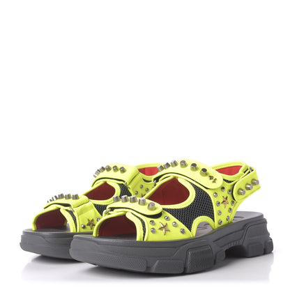 Gucci Technical Canvas Calfskin Studded Mens Aguru Sandals 10 Neon Yellow 3 of 9
