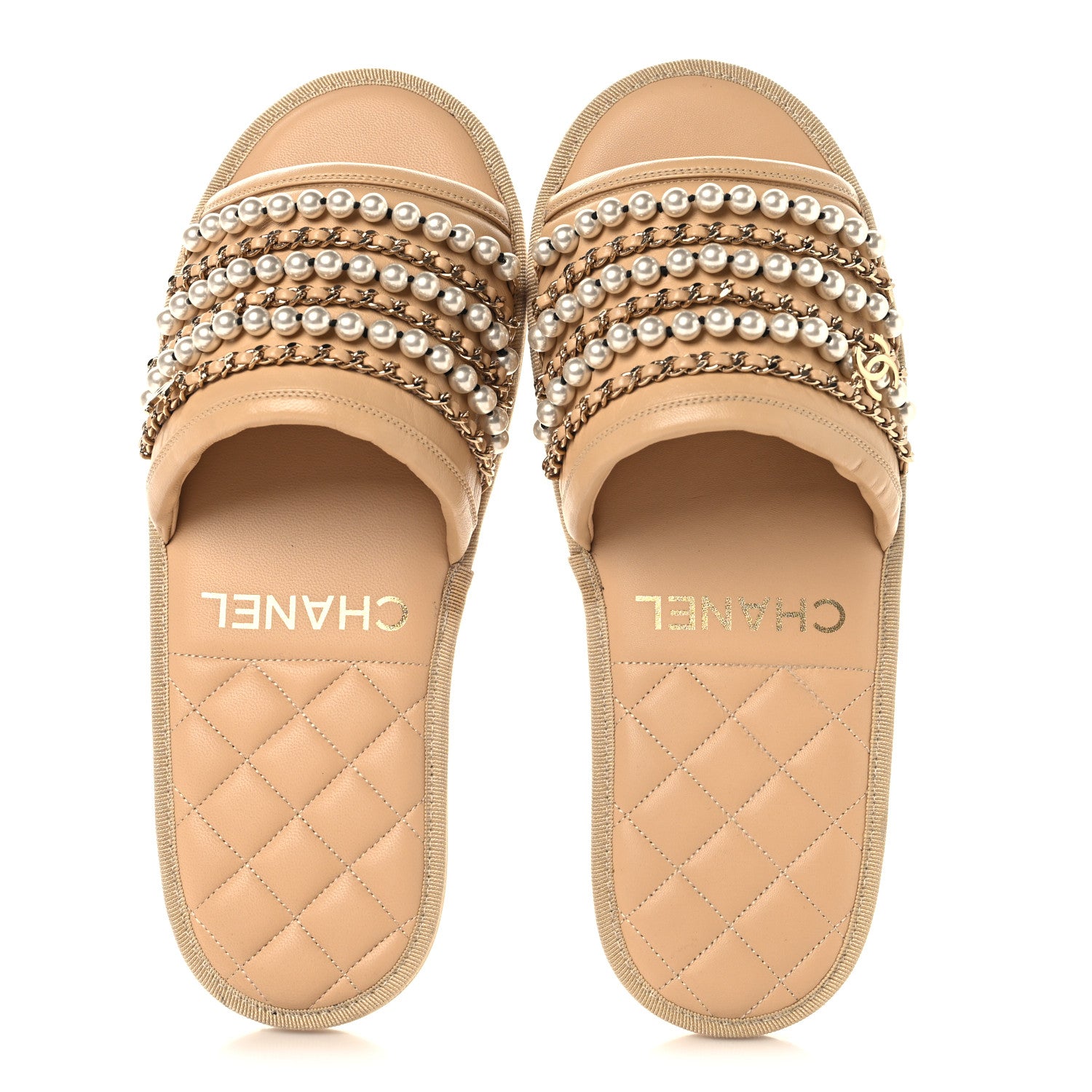 Chanel Lambskin Pearl Chain Flat Slipper Sandals M Beige 1876204