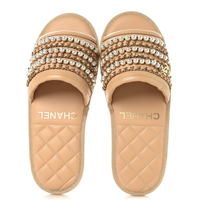 Chanel Lambskin Pearl Chain Flat Slipper Sandals M  Beige 2 of 9