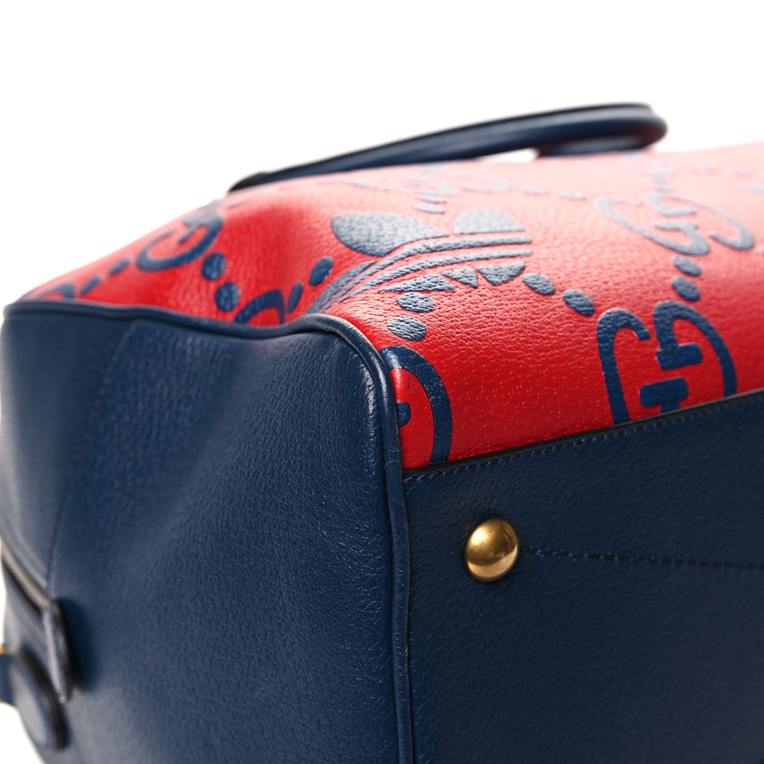 Gucci X ADIDAS Canvas Textured Dollar Calfskin Web GG Monogram Trefoil Large Bowling Bag Hibiscus Red  Blue Navy 10 of 11