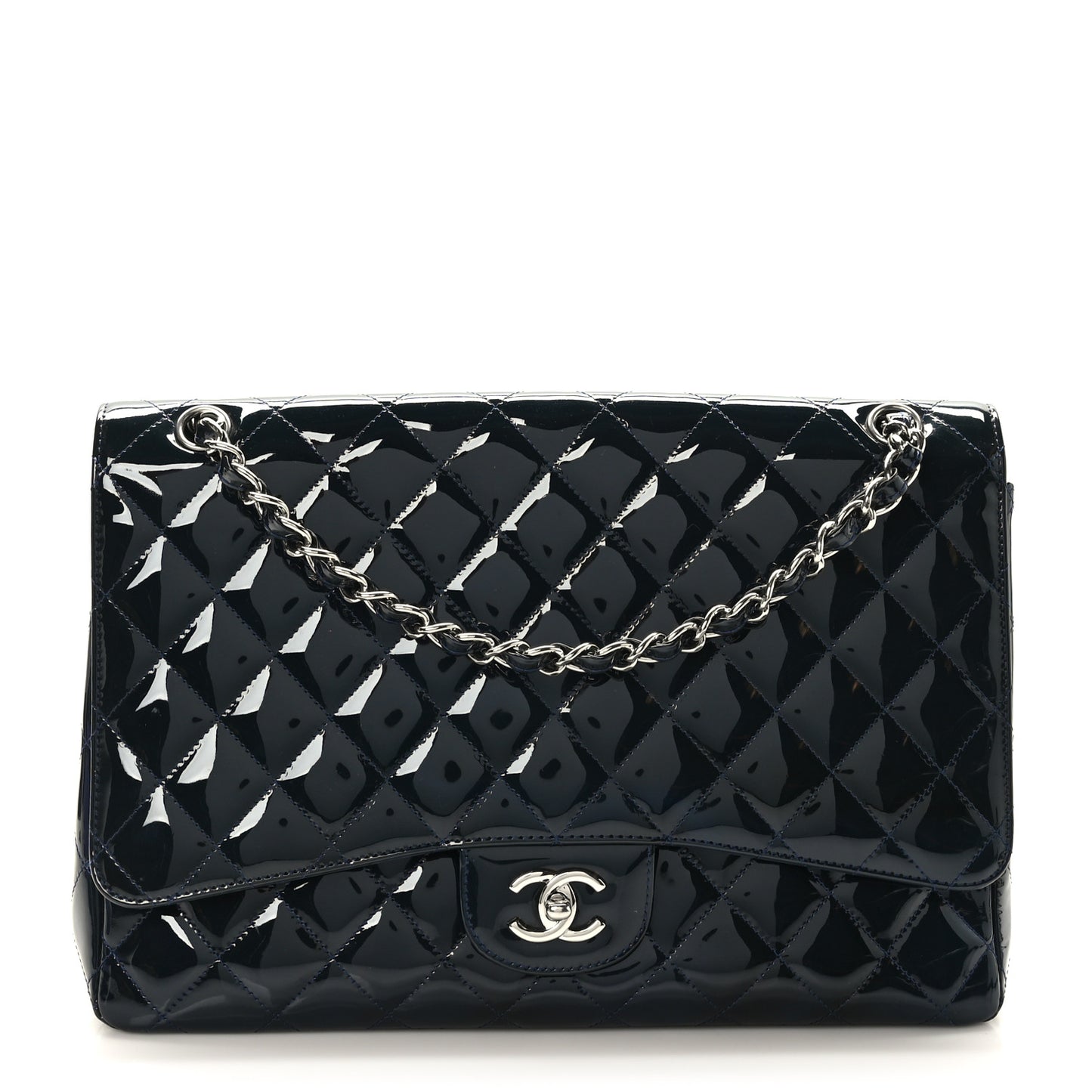 Patent Quilted Maxi Single Flap Navy Blue