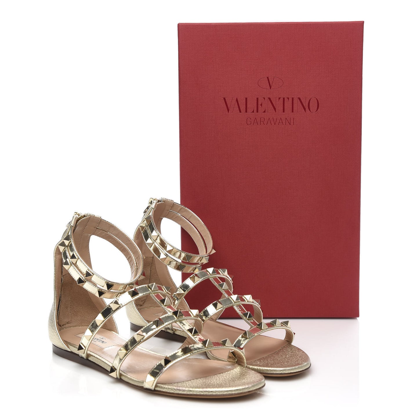 Metallic Pebbled Calfskin Patent Rockstud Ankle Strap Caged Flat Sandals 37 Platino