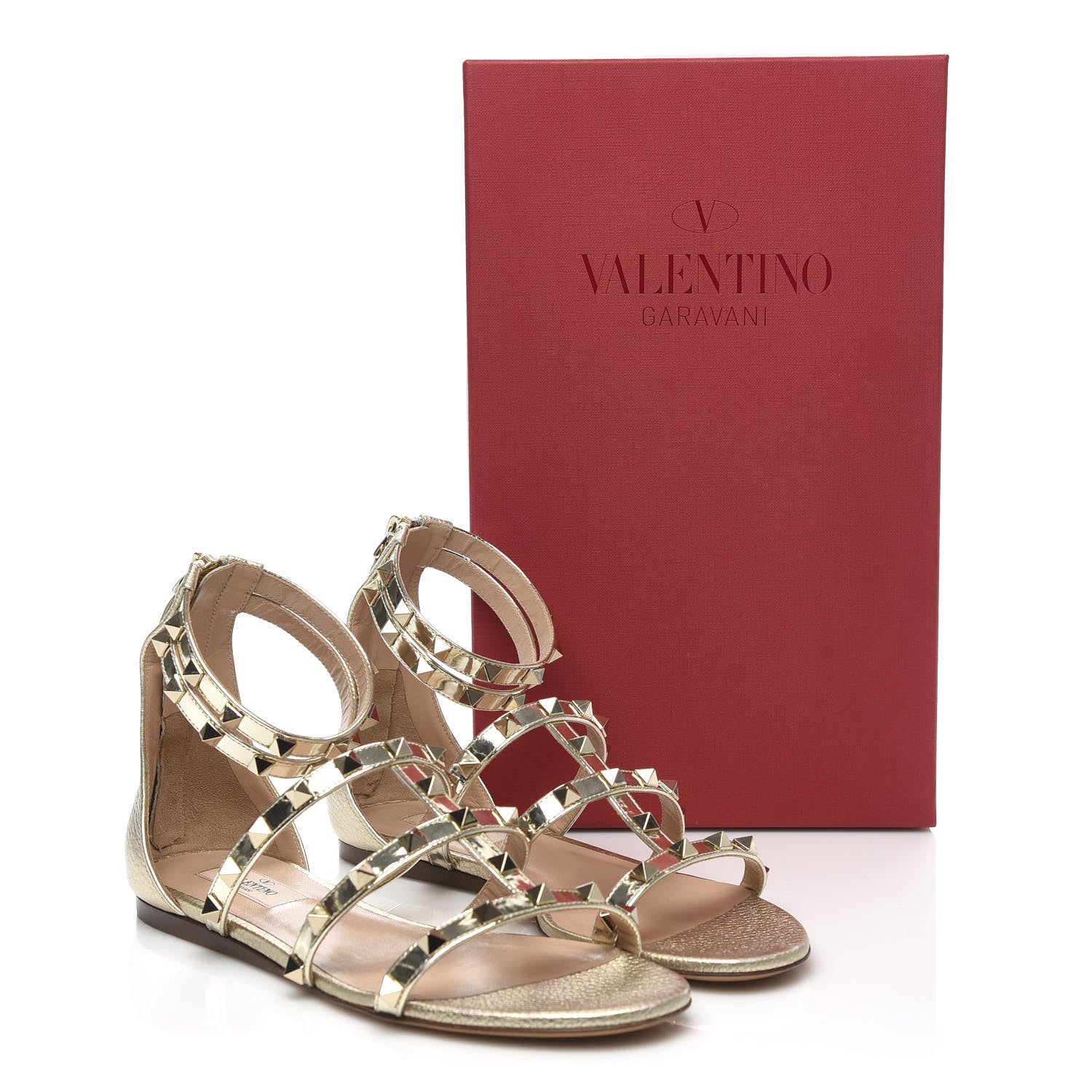 Valentino Garavani Metallic Pebbled Calfskin Patent Rockstud Ankle Strap Caged Flat Sandals 37 Platino 9 of 9