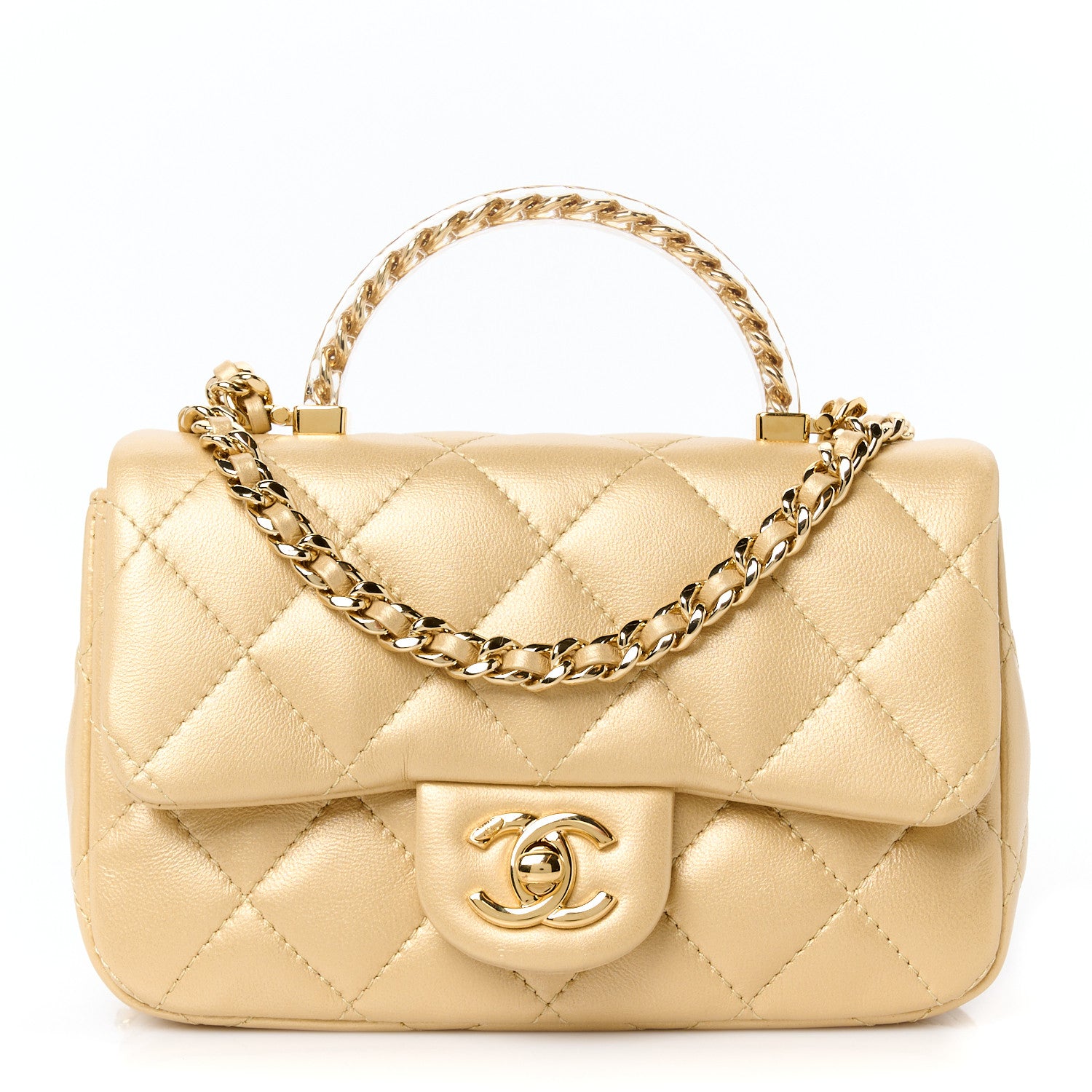 CHANEL ゴールド ケース Chanel Metallic Lambskin Resin Quilted Top Handle Mini Flap Gold