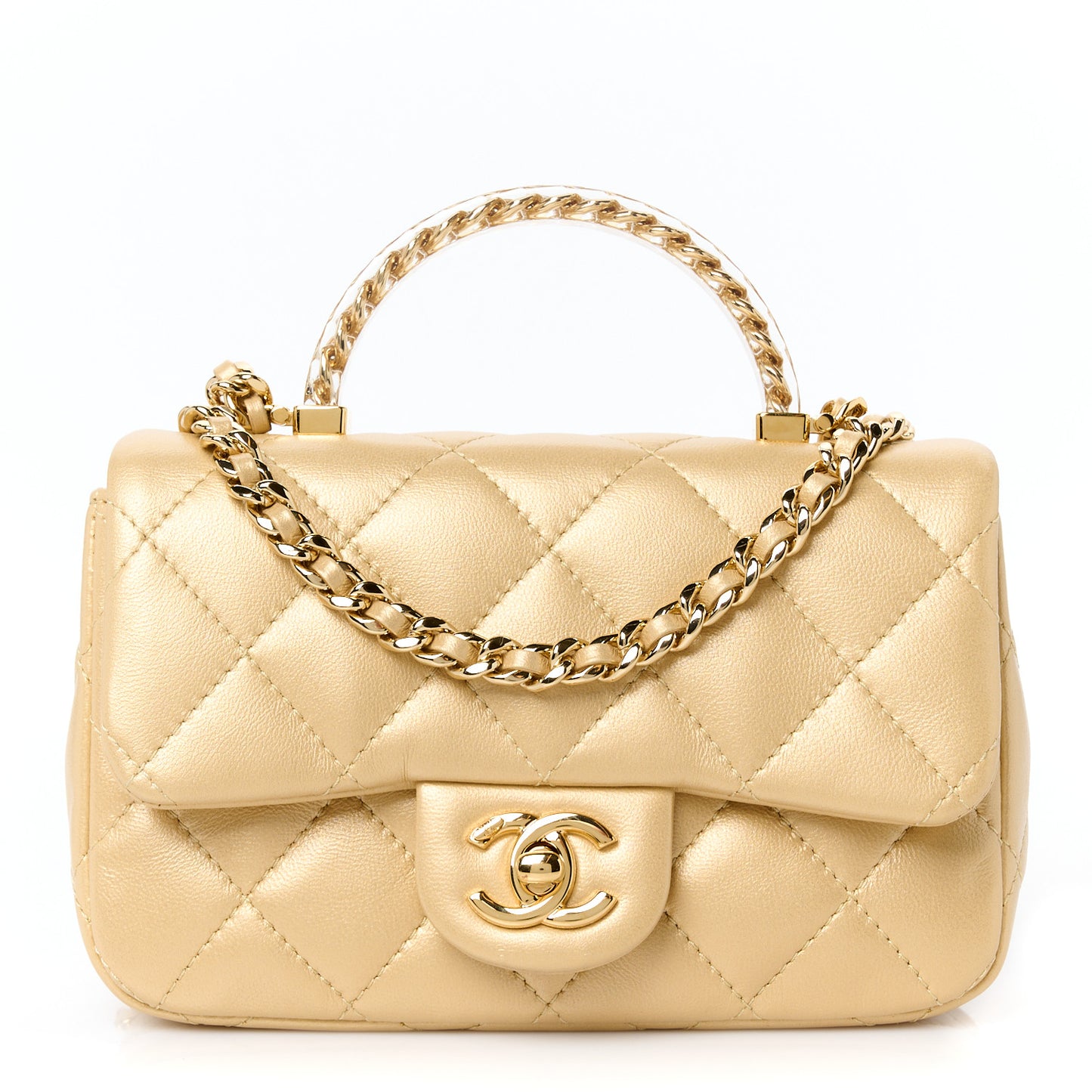 Metallic Lambskin Resin Quilted Top Handle Mini Flap Gold