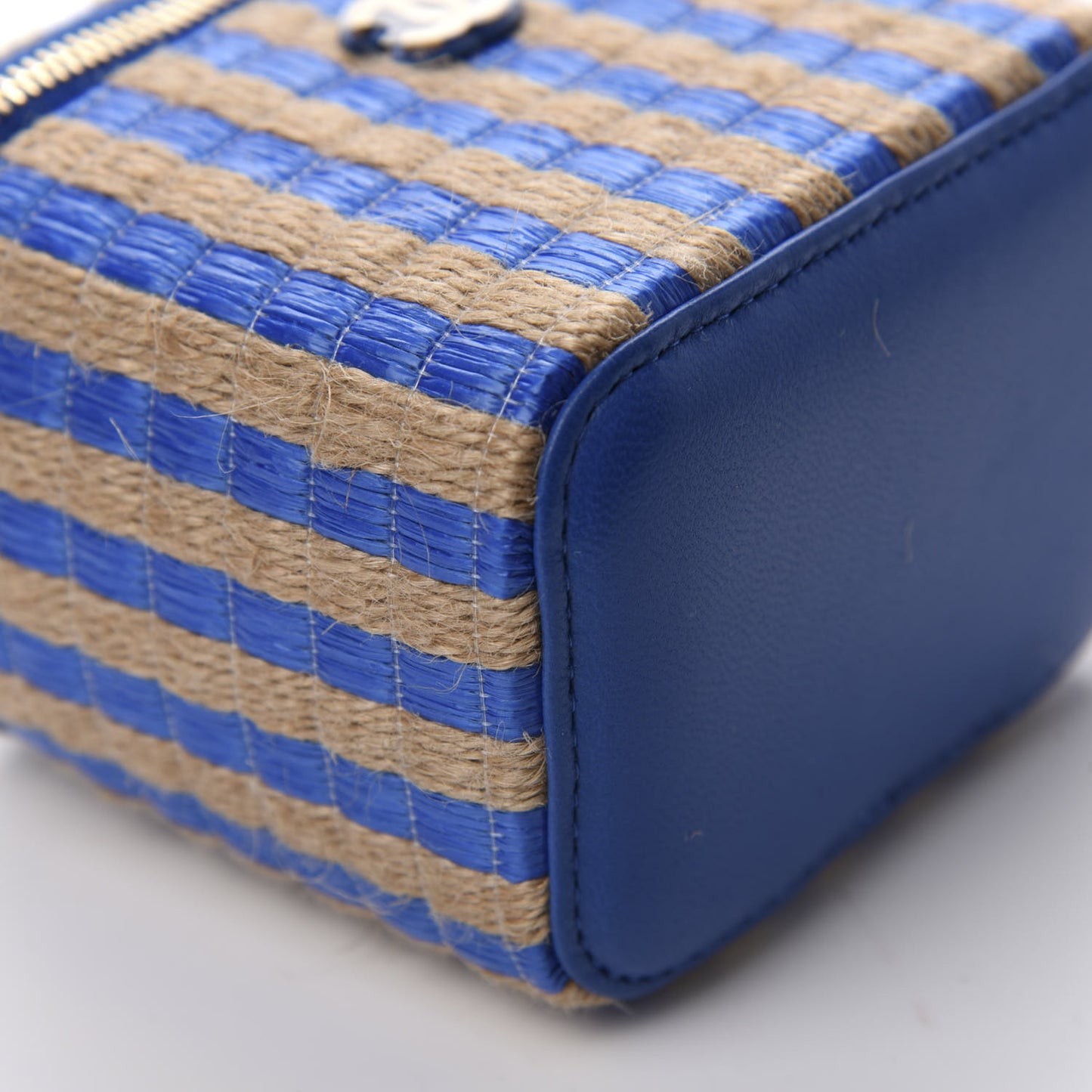 Raffia Jute Striped Mini Vanity Case With Chain Blue Beige