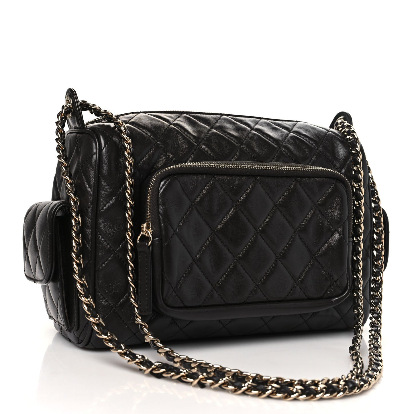 Shiny Crumpled Lambskin Quilted Medium Preppy Pocket Camera Case Dark Brown