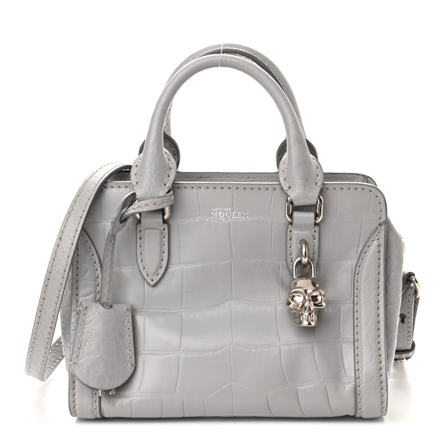 Calfskin Crocodile Embossed Mini Skull Padlock Zip Around Tote Grey