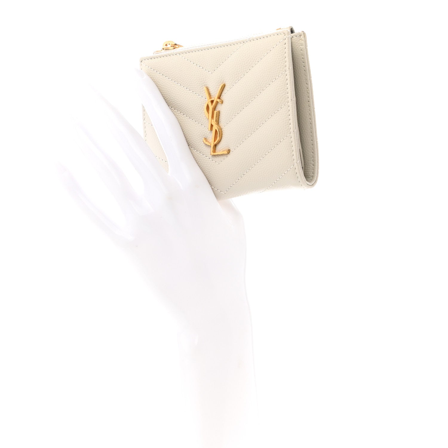 Saint Laurent Grain De Poudre Matelasse Chevron Monogram Zipped Card Case Crema Soft 2 of 7
