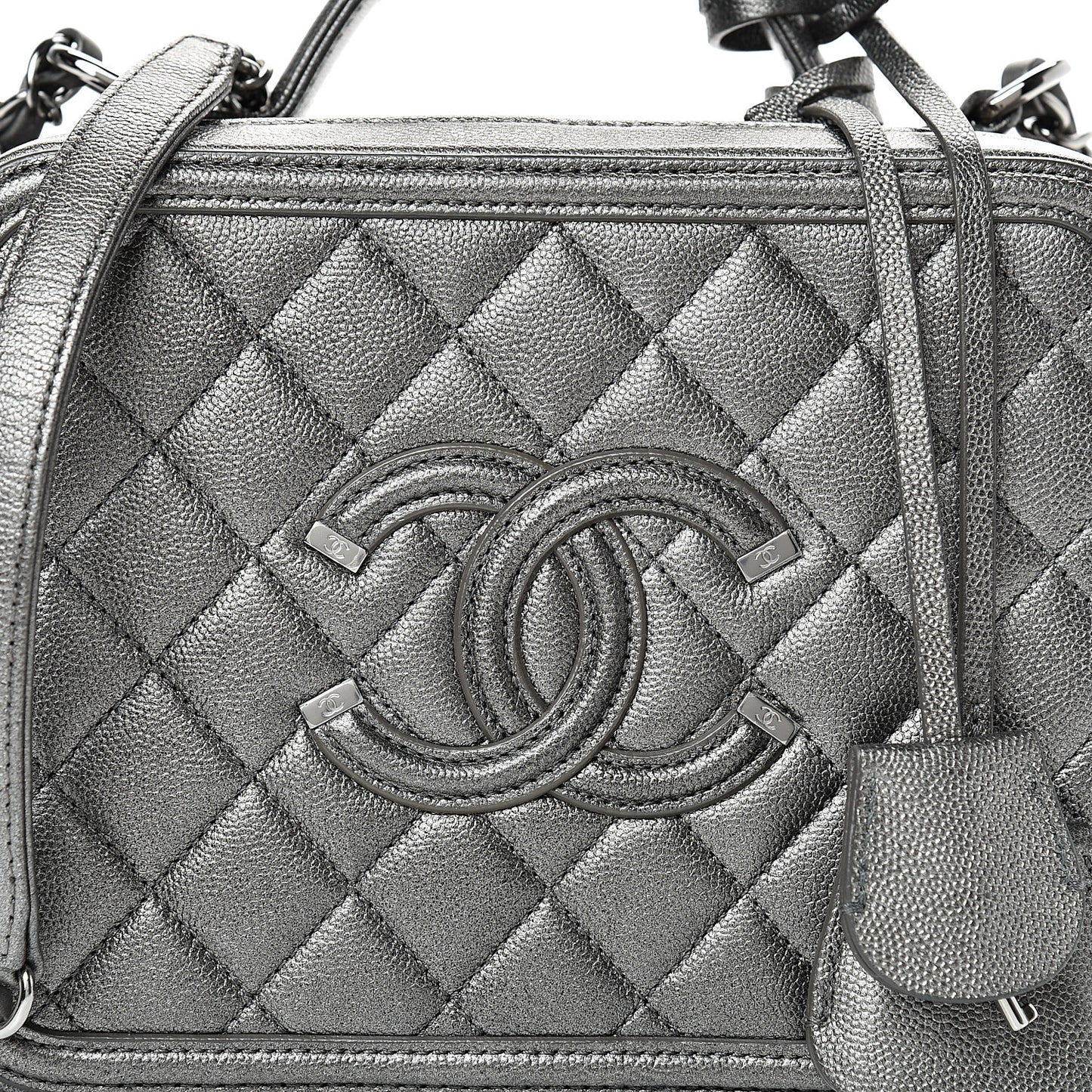 Metallic Caviar Quilted Medium CC Filigree Vanity Case Dark Silver