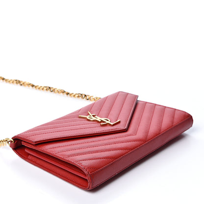 Saint Laurent Grain De Poudre Matelasse Chevron Monogram Chain Wallet Red 3 of 10