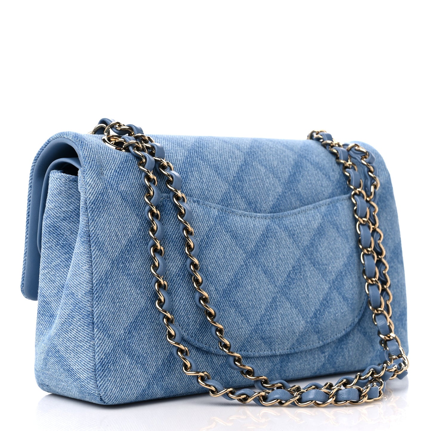 Printed Denim Quilted Medium Double Flap Light Blue