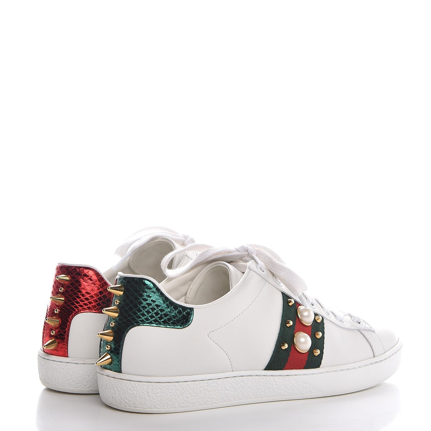 Calfskin Web Pearl Studded Ace Sneakers 36.5 White