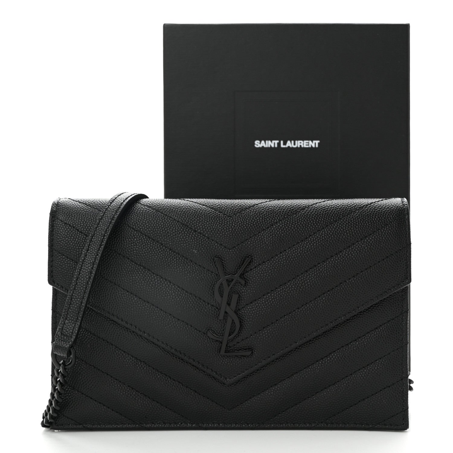 Saint Laurent Grain De Poudre Matelasse Chevron Monogram Monochrome Envelope Chain Wallet Black 10 of 10