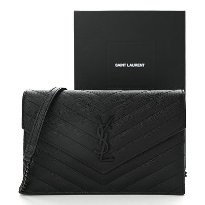 Saint Laurent Grain De Poudre Matelasse Chevron Monogram Monochrome Envelope Chain Wallet Black 10 of 10