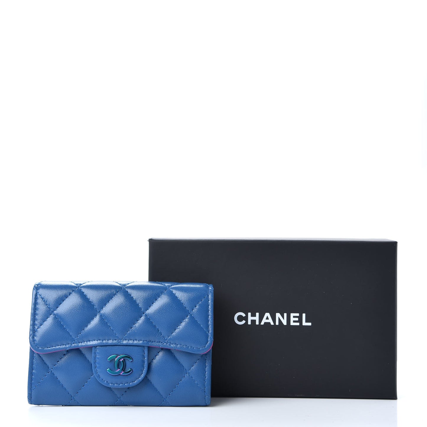 Lambskin Quilted Flap Card Holder Wallet Blue Pink