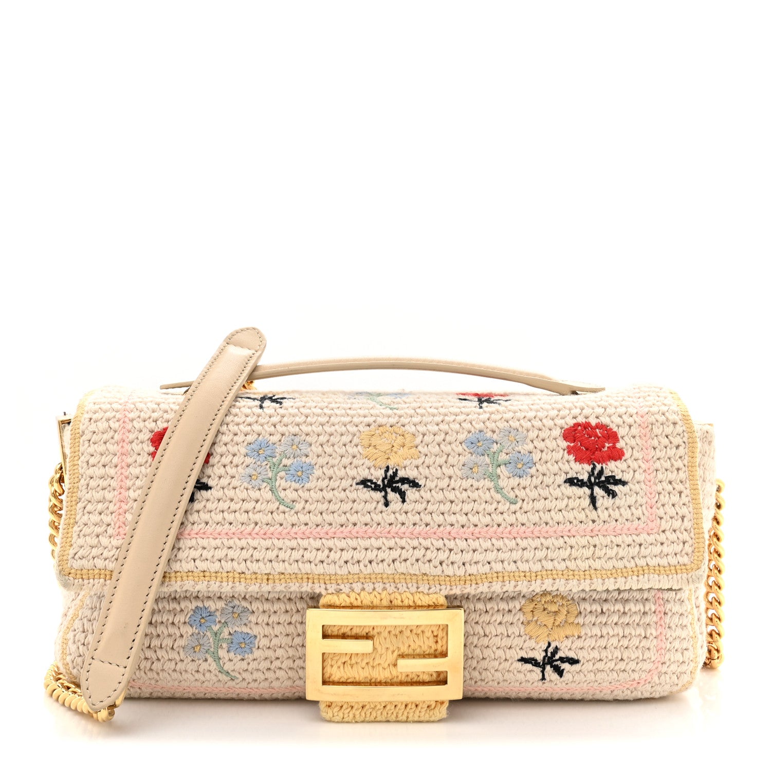 Fendi Cotton Vitello Seta Floral Woven Chain Baguette White Multicolor 1 of 11