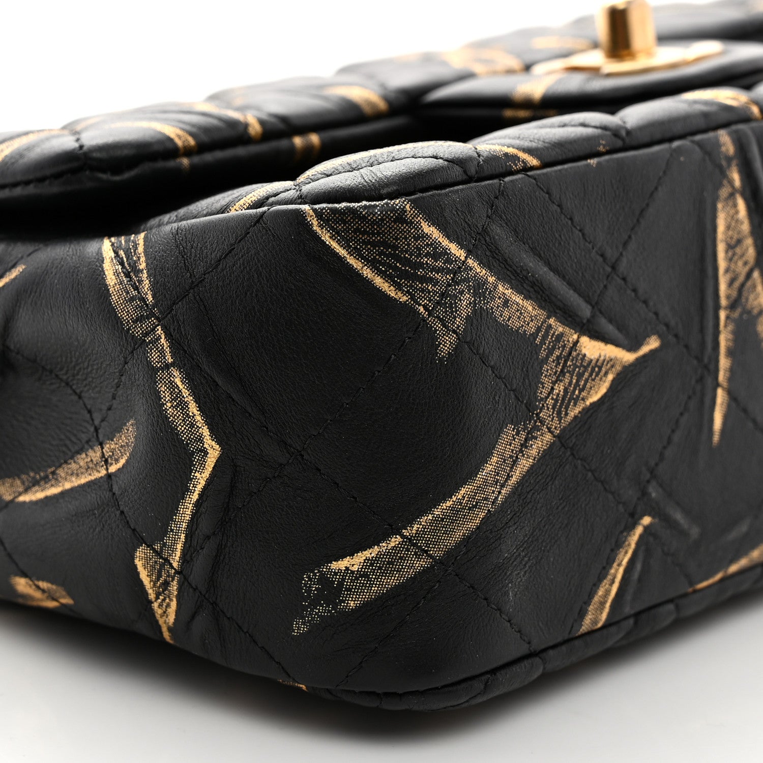 Chanel Crumpled Calfskin Printed Quilted Mini Rectangular Flap Black Gold 9 of 10