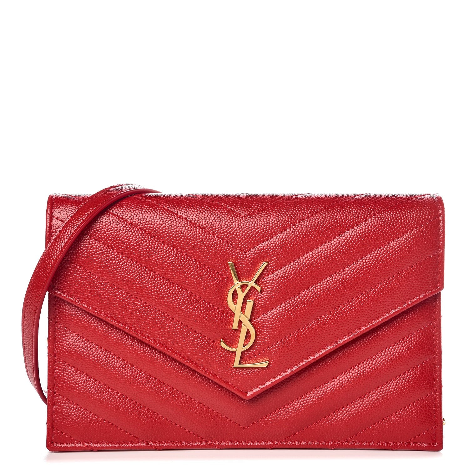 Saint Laurent Grain De Poudre Matelasse Chevron Monogram Envelope Chain Wallet New Red 1 of 7
