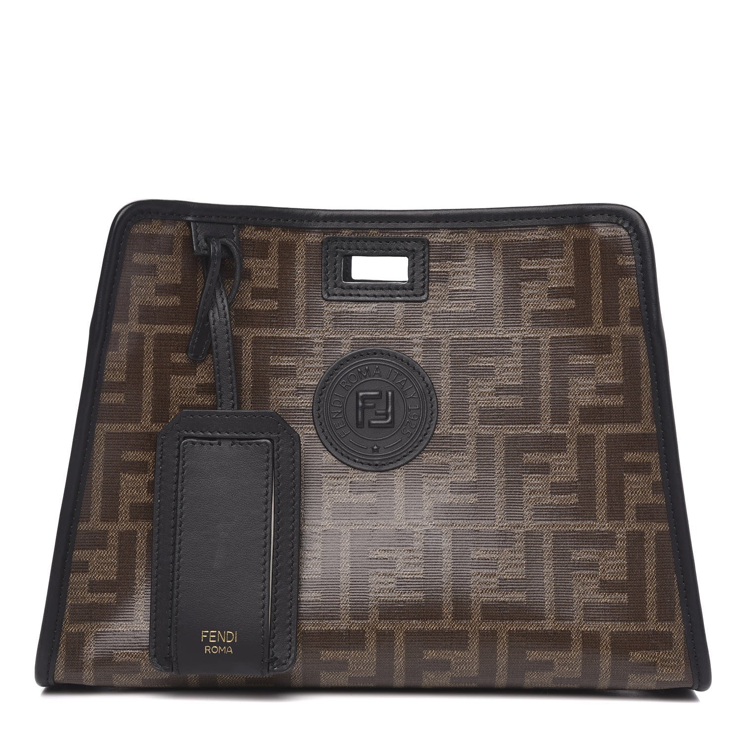 Fendi Glazed Fabric Vitello Century FF 1974 Stamp Patch Mini Peekaboo Defender Cover Mogano Panna Black 1 of 8