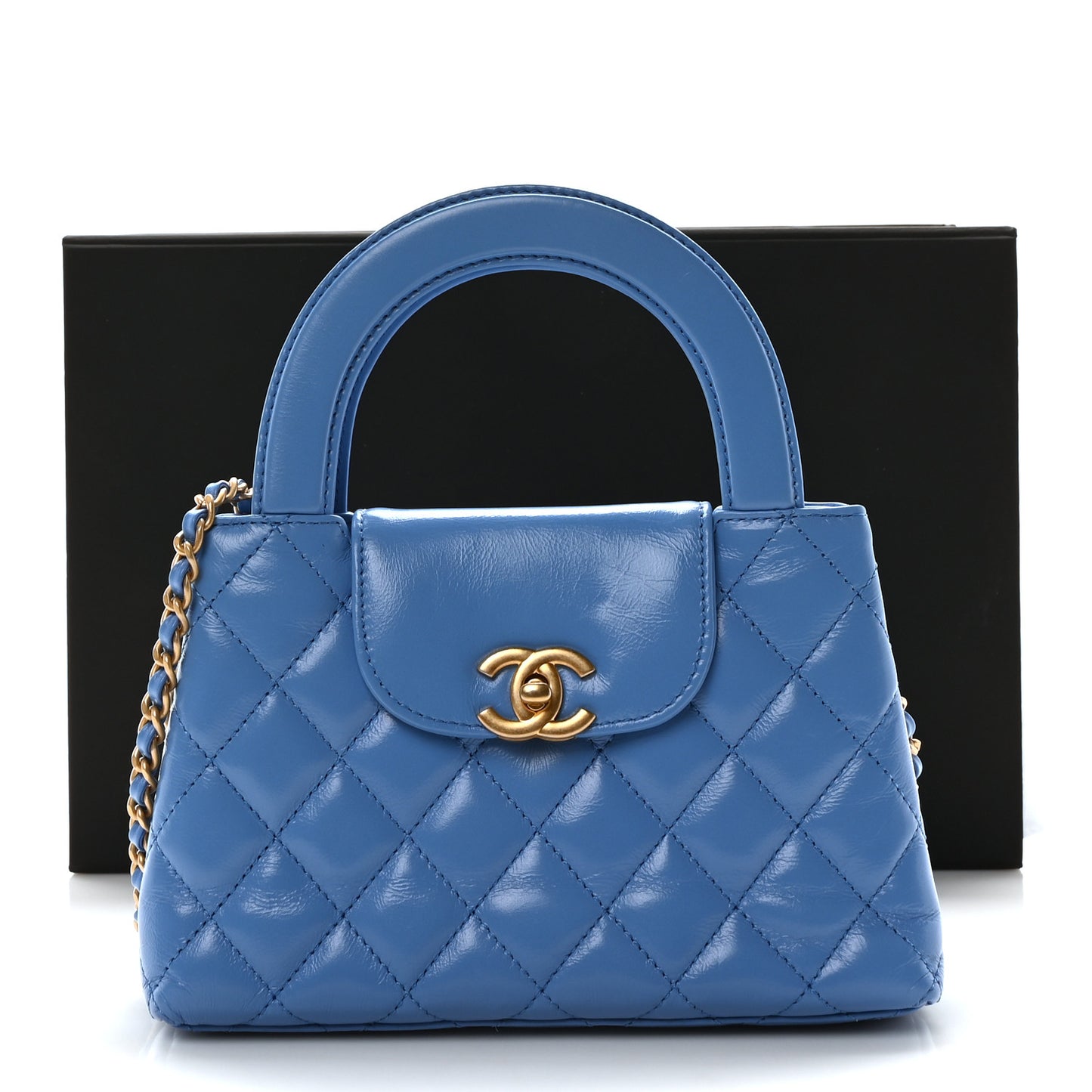 Shiny Aged Calfskin Quilted Nano Kelly Shopper Blue