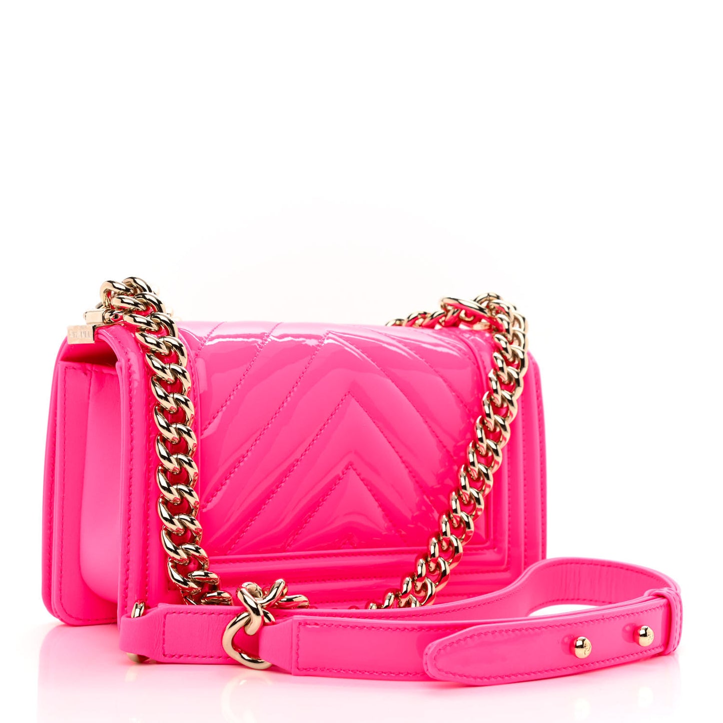 Patent Calfskin Chevron Quilted Small Boy Flap Neon Pink