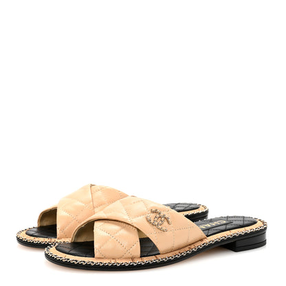 Chanel Shiny Lambskin Quilted Metal Chain CC Sandals 36.5 Beige 4 of 10