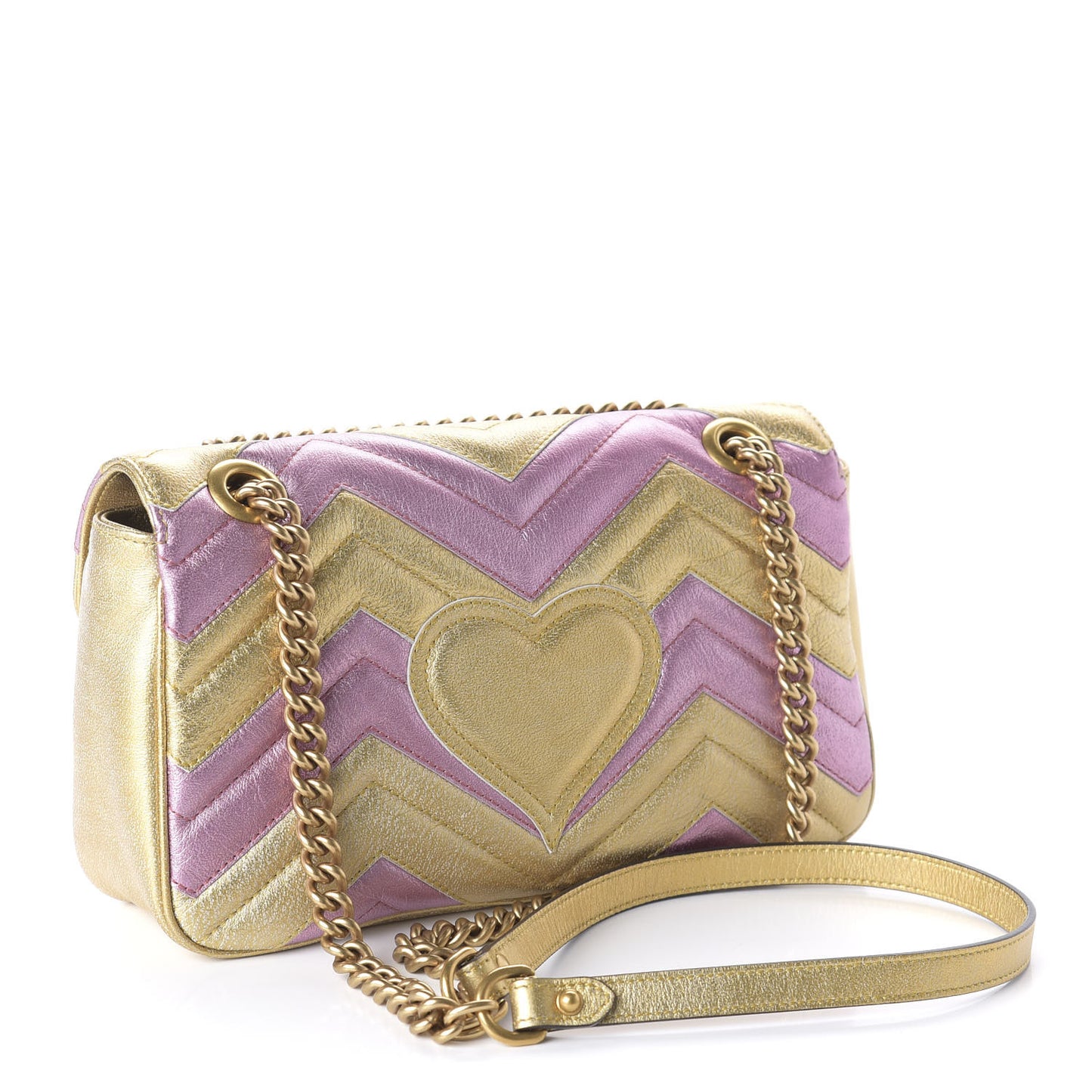Metallic Calfskin Matelasse Small GG Marmont Shoulder Bag Gold Pink