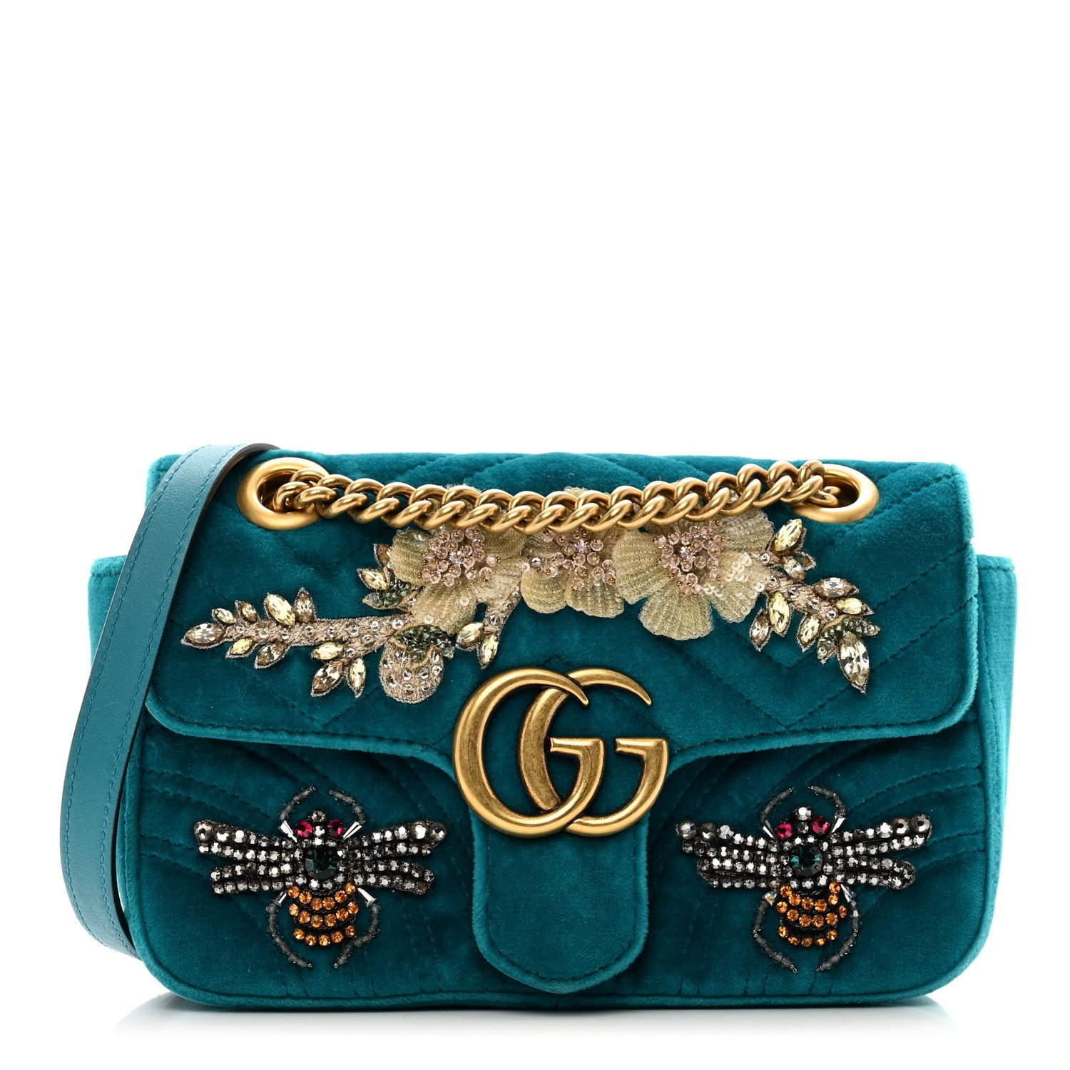 Gucci Velvet Matelasse Embroidered Mini GG Marmont Shoulder Bag Pavone Cyan 1 of 10