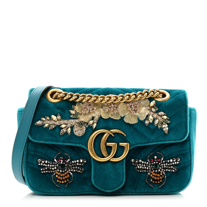 Gucci Velvet Matelasse Embroidered Mini GG Marmont Shoulder Bag Pavone Cyan 1 of 10