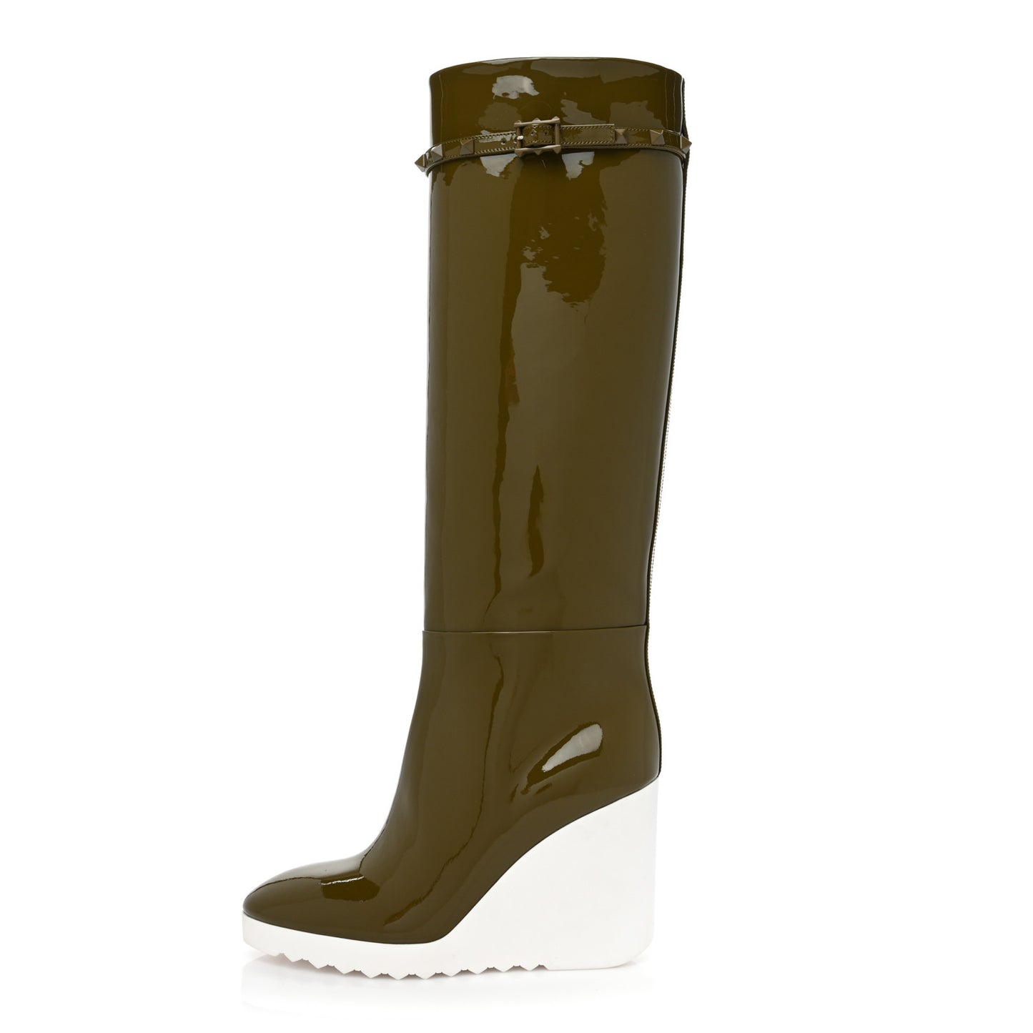 Patent Rockstud Knee High 15/100mm Wedge Boots 36 Lichen White