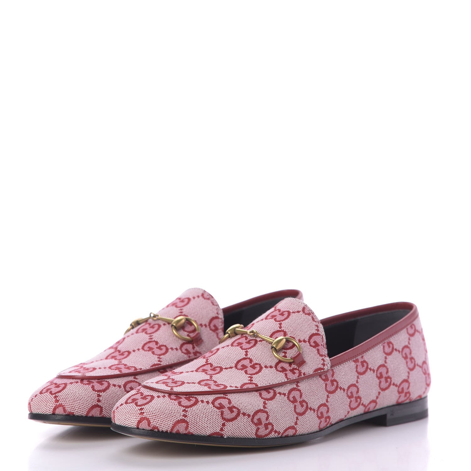 Gucci Canvas GG Monogram Horsebit Womens Jordaan Loafers 38 Gardenia Hibiscus Red 2 of 11