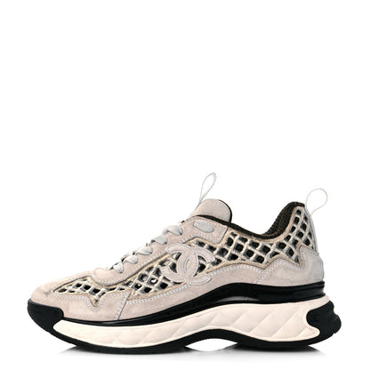 Chanel Suede Calfskin Embroidered CC Sneakers 37 Ecru Light Gray 1 of 9
