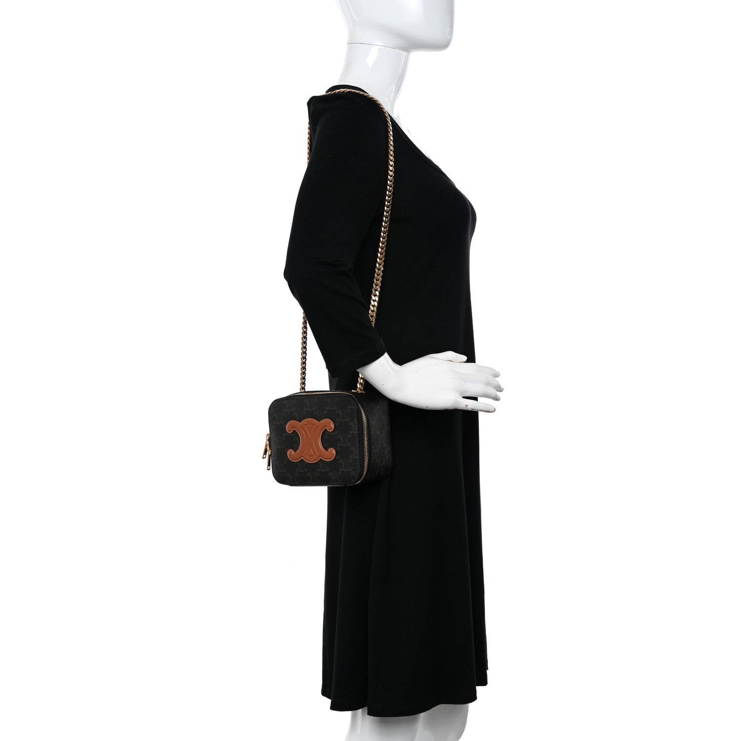 Celine Triomphe Canvas Calfskin Cuir Box On Chain Tan 2 of 11