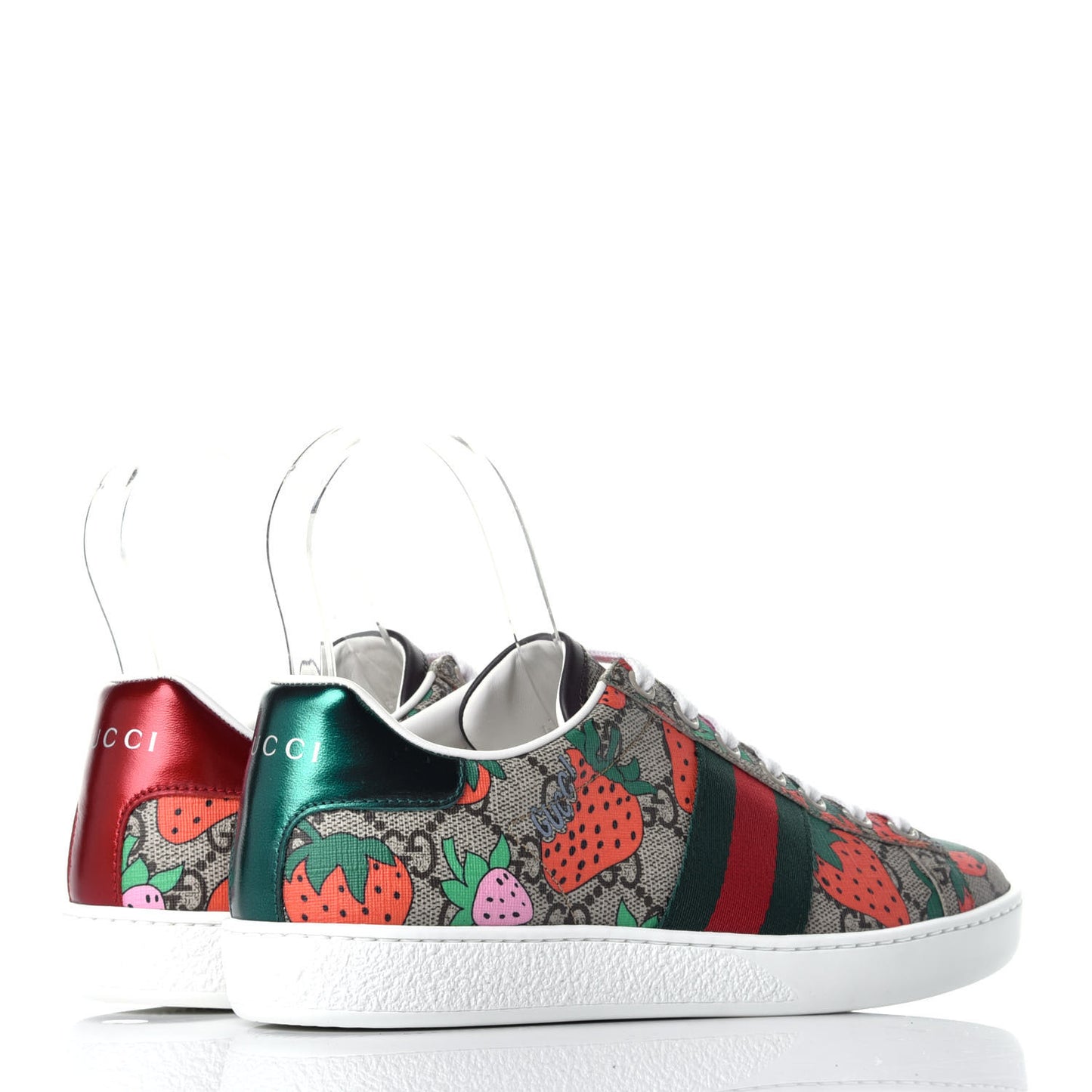 GG Supreme Monogram Strawberry Web Womens Ace Sneakers 36 Beige Multicolor Red Green