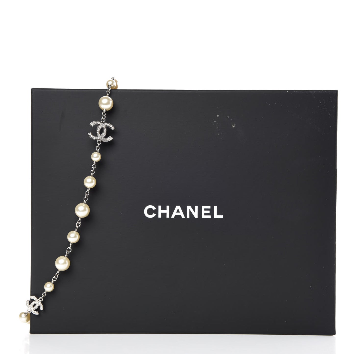 Crystal Pearl CC Long Necklace Silver