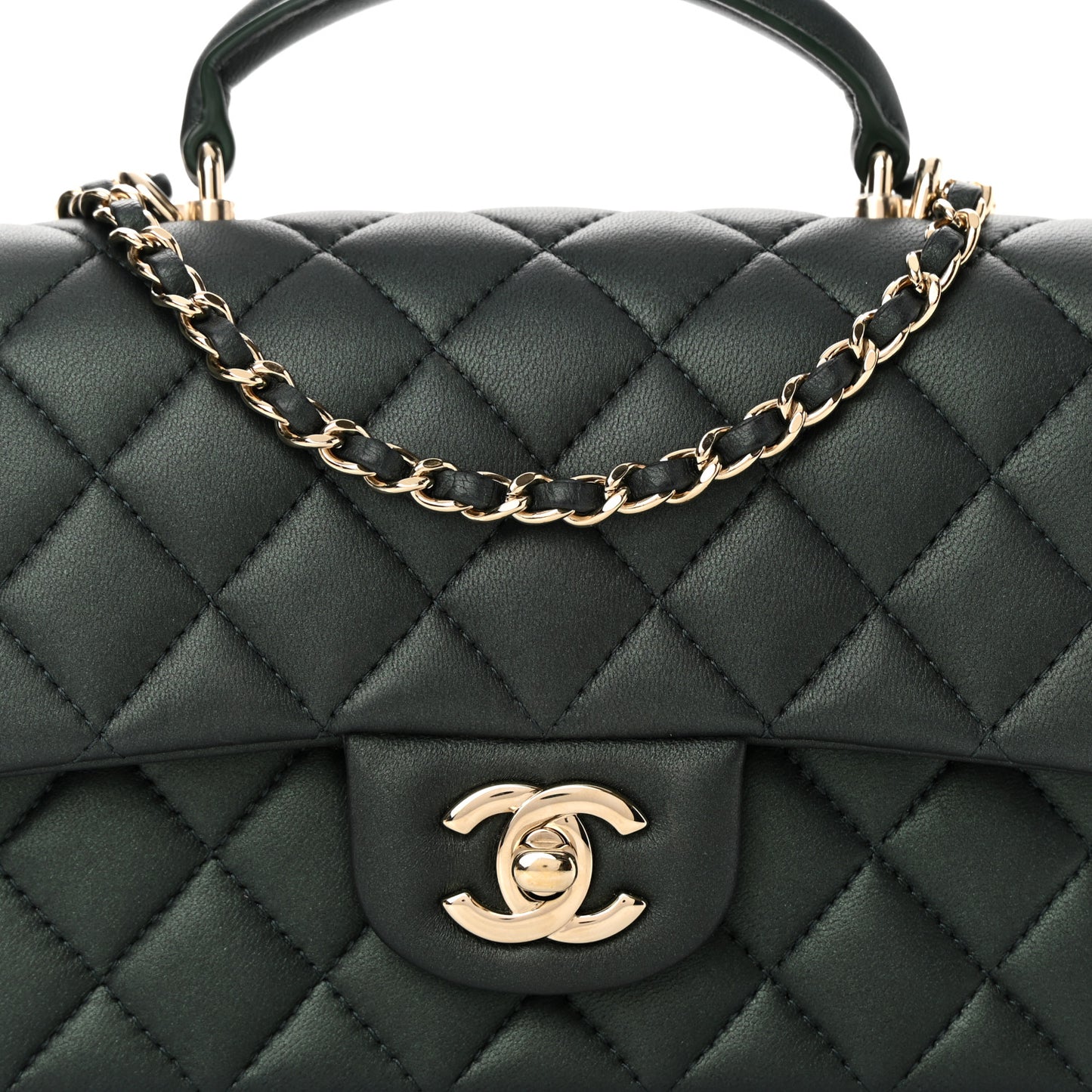 Iridescent Lambskin Quilted Mini Top Handle Rectangular Flap Dark Green