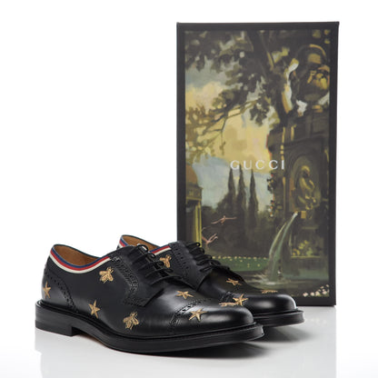 Gucci Calfskin Bee Star Embroidered Mens Captoe Derby Loafers 10 Black 10 of 10