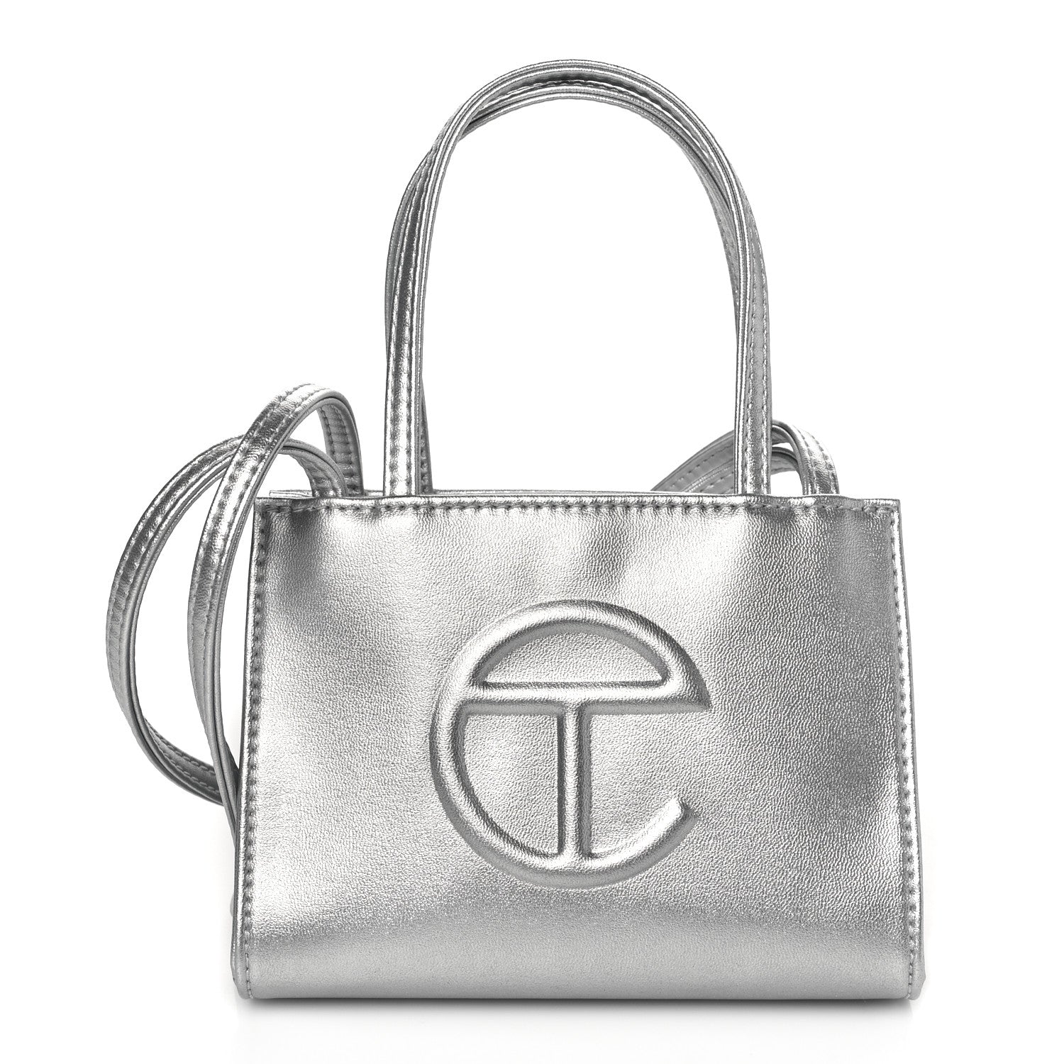 TELFAR Metallic Vegan Leather Small Shopping Bag Silver FASHIONPHILE