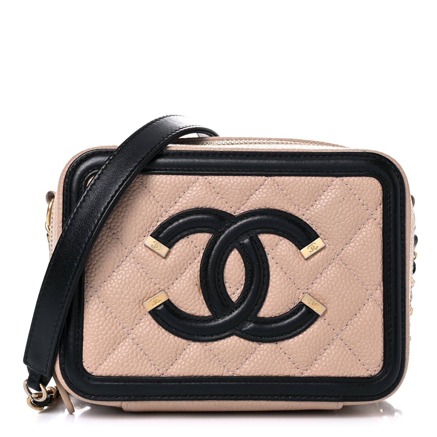 Caviar Quilted CC Filigree Vanity Clutch With Chain Beige Black