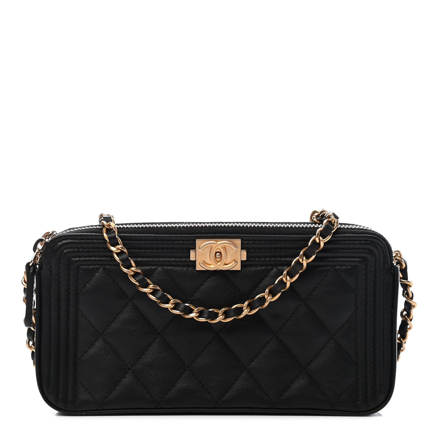 Calfskin Quilted Small Boy Clutch With Chain Black