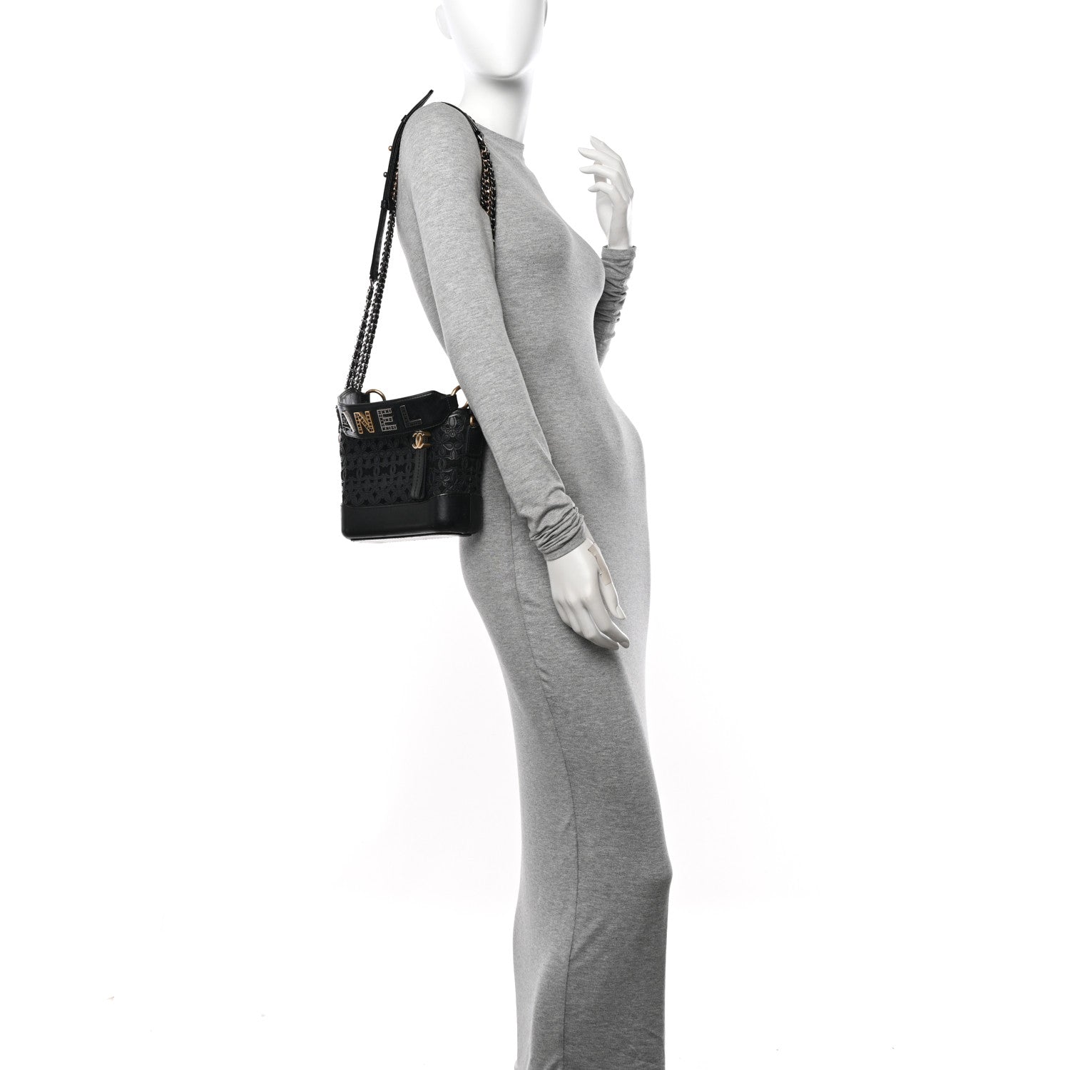 Chanel Calfskin Wool Felt Embossed Small Gabrielle Logo Hobo Black 2 of 14