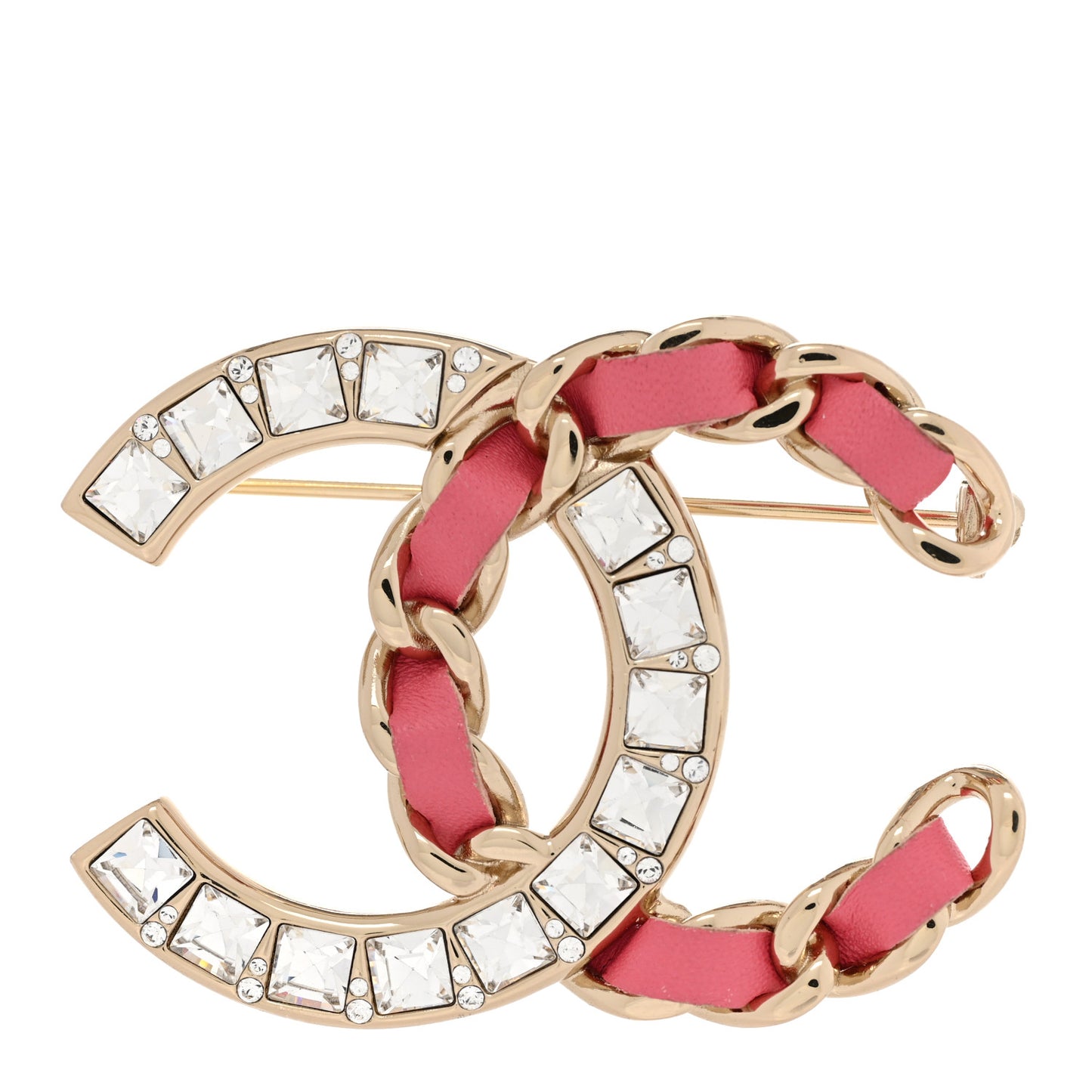 Lambskin Baguette Crystal CC Chain Brooch Pink Gold