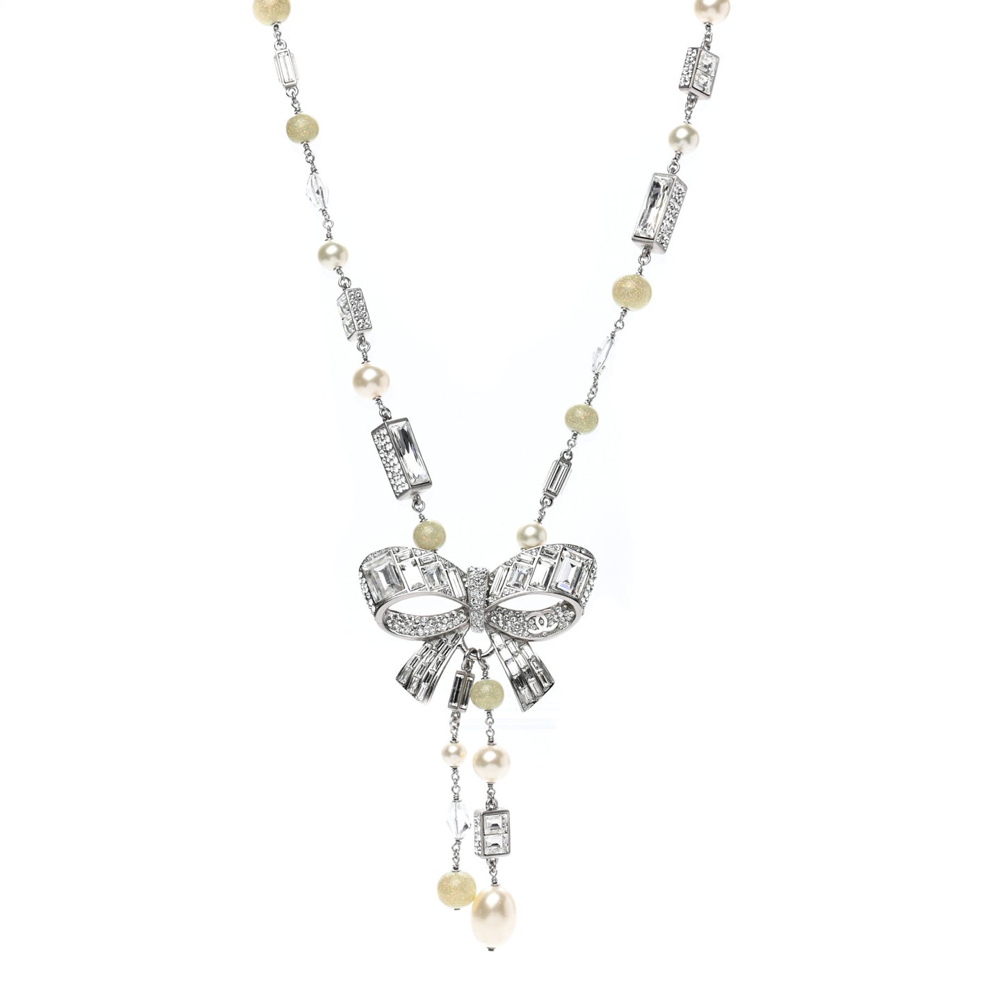 Crystal Baguette Pearl Bow Necklace Silver