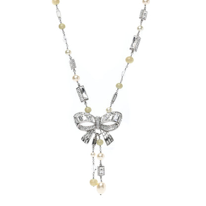 Chanel Crystal Baguette Pearl Bow Necklace Silver 1 of 8