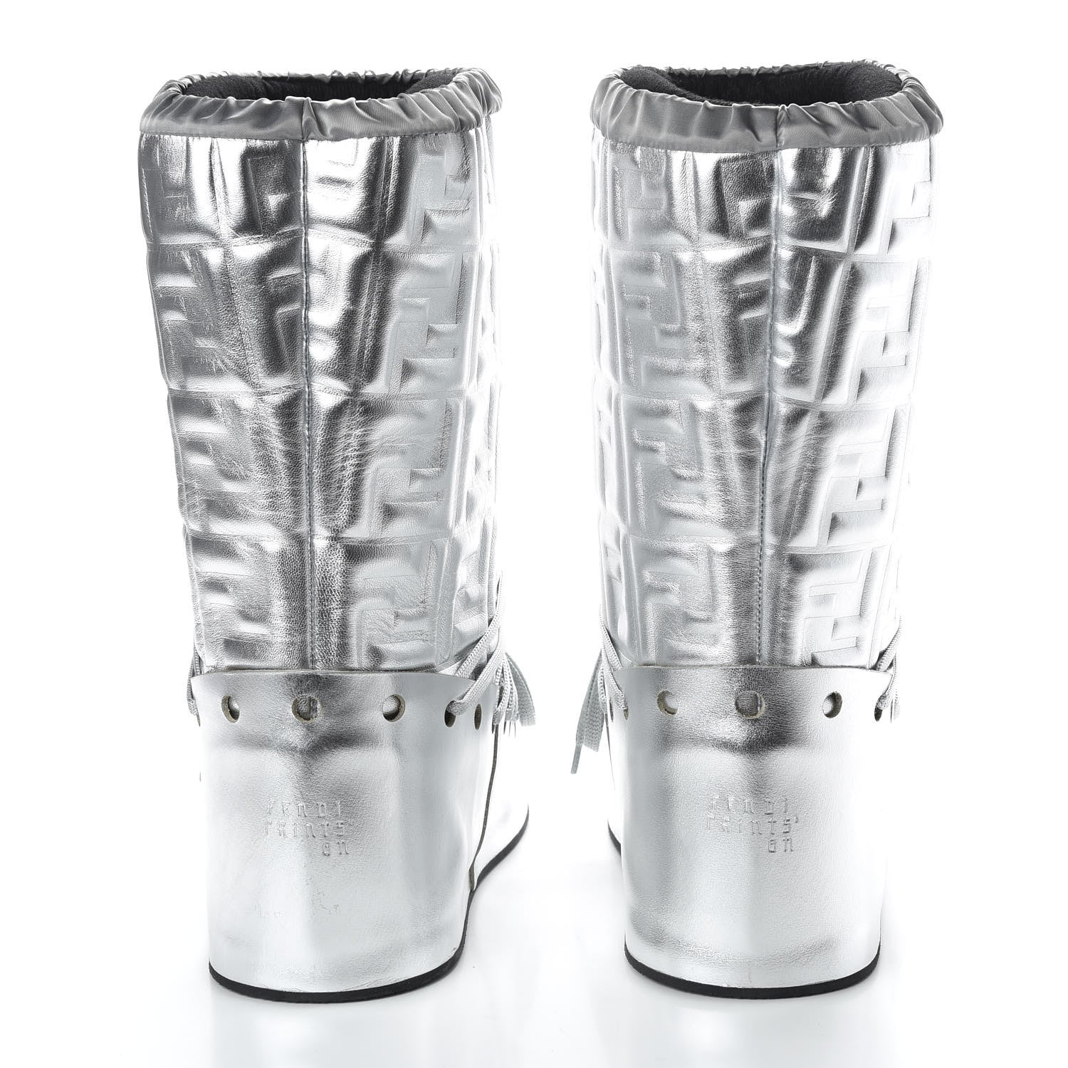 Fendi Laminated Nappa FF Embossed T-Rex Lace Up Ski Boots 40 Argento 6 of 9