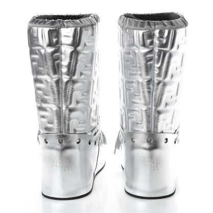 Fendi Laminated Nappa FF Embossed T-Rex Lace Up Ski Boots 40 Argento 6 of 9