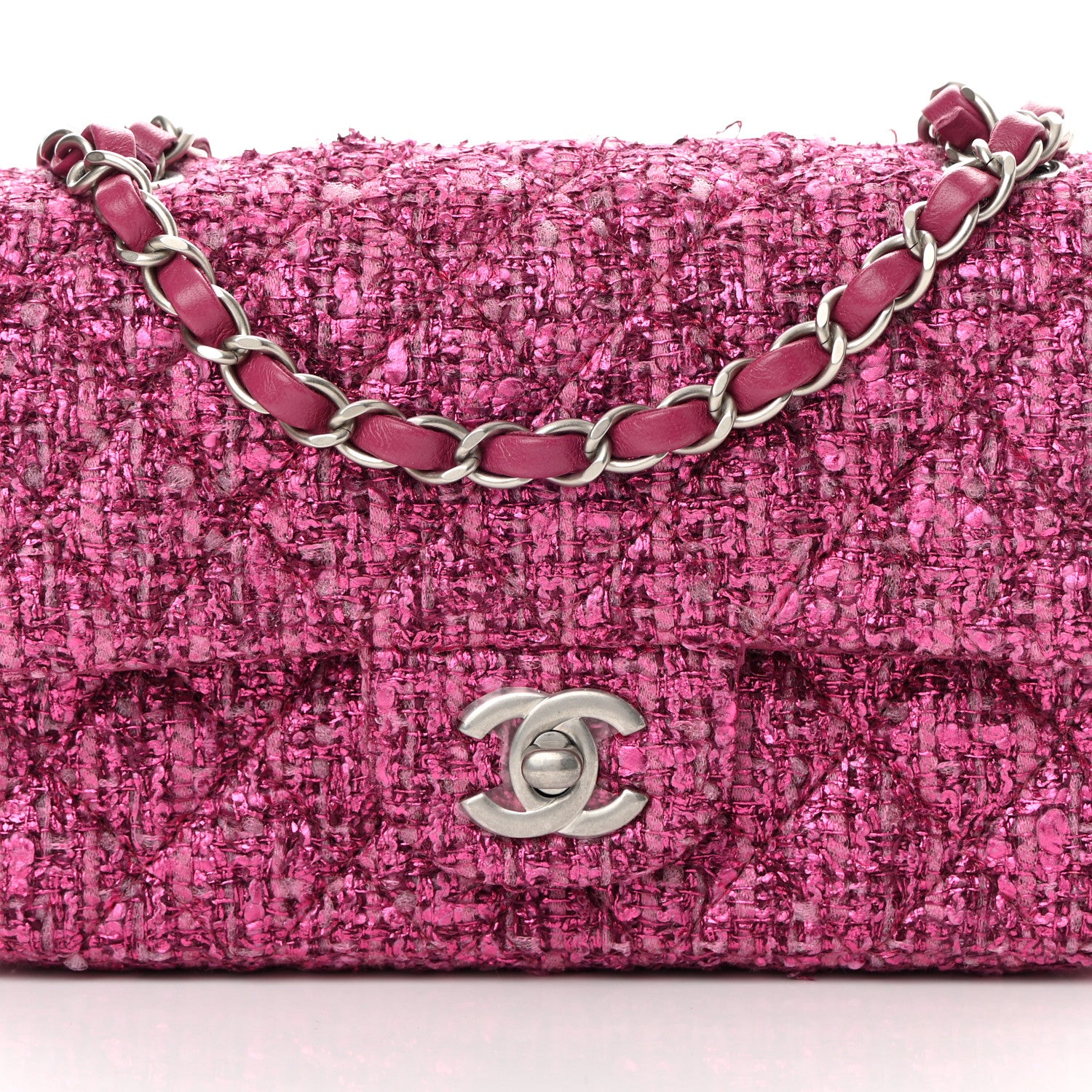 Chanel Metallic Tweed Quilted Mini Rectangular Flap Pink 1197658